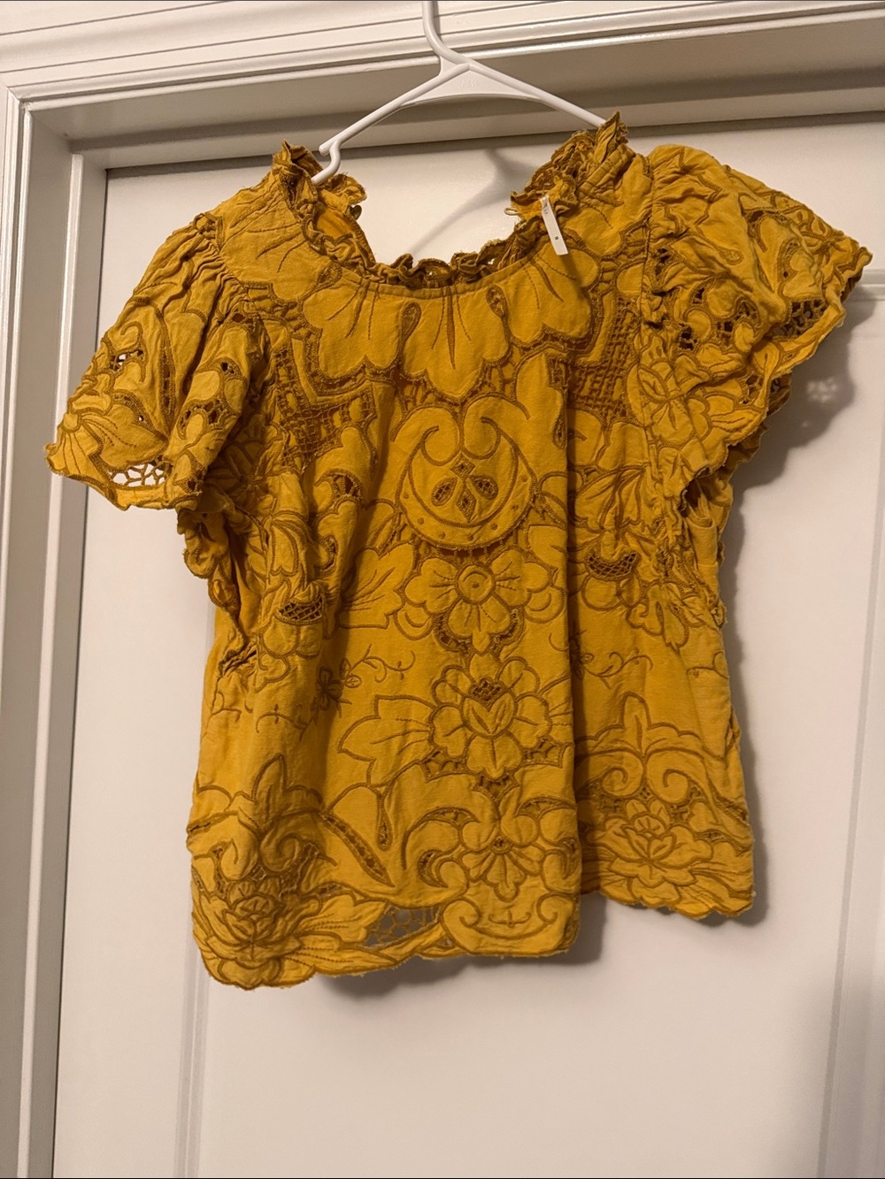 Anthropologie Mustard Yellow Embroidered Short Sleeve Blouse